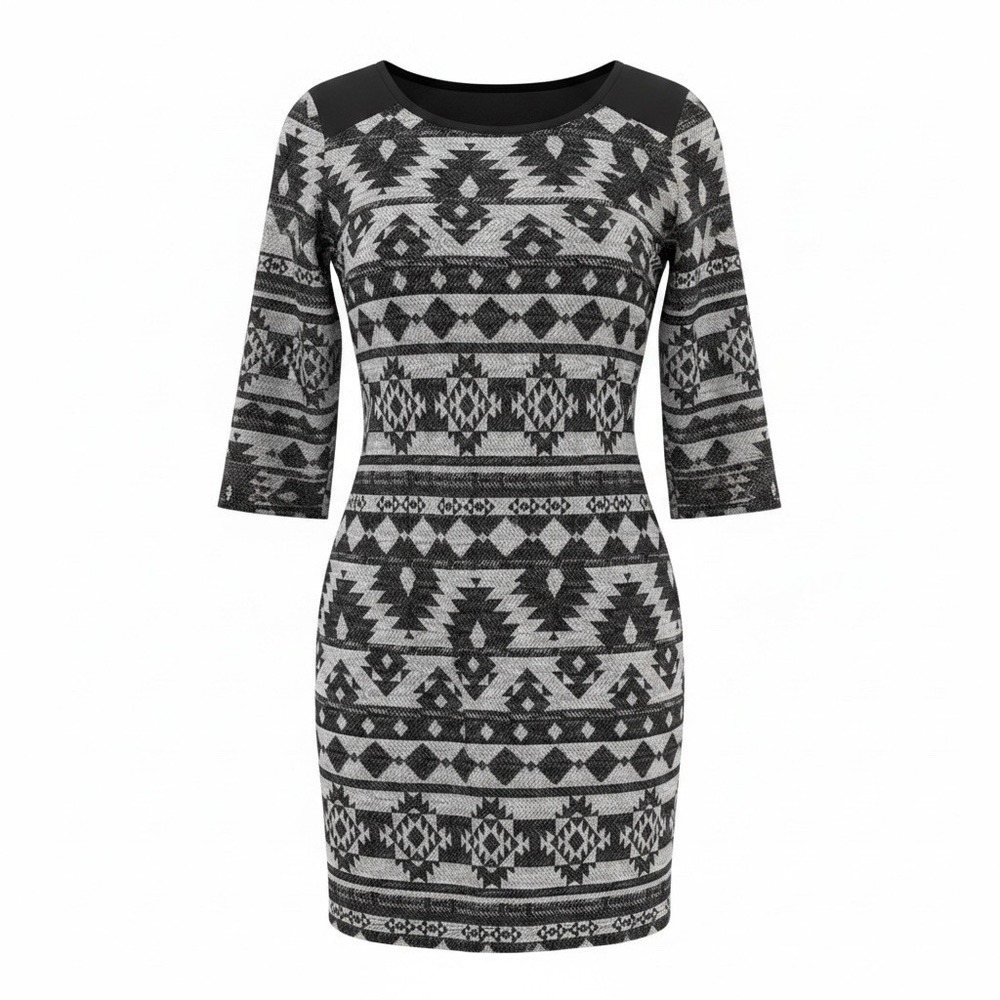 Pink Rose Gray Geometric Knit Sweater Dress Womens XL 3/4 Sleeve PF315355R